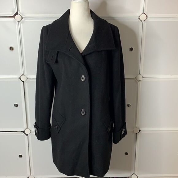 Kristen Blake Black Fine Australian Wool Blend Funnel Neck Pea Coat Size Small - Picture 13 of 13